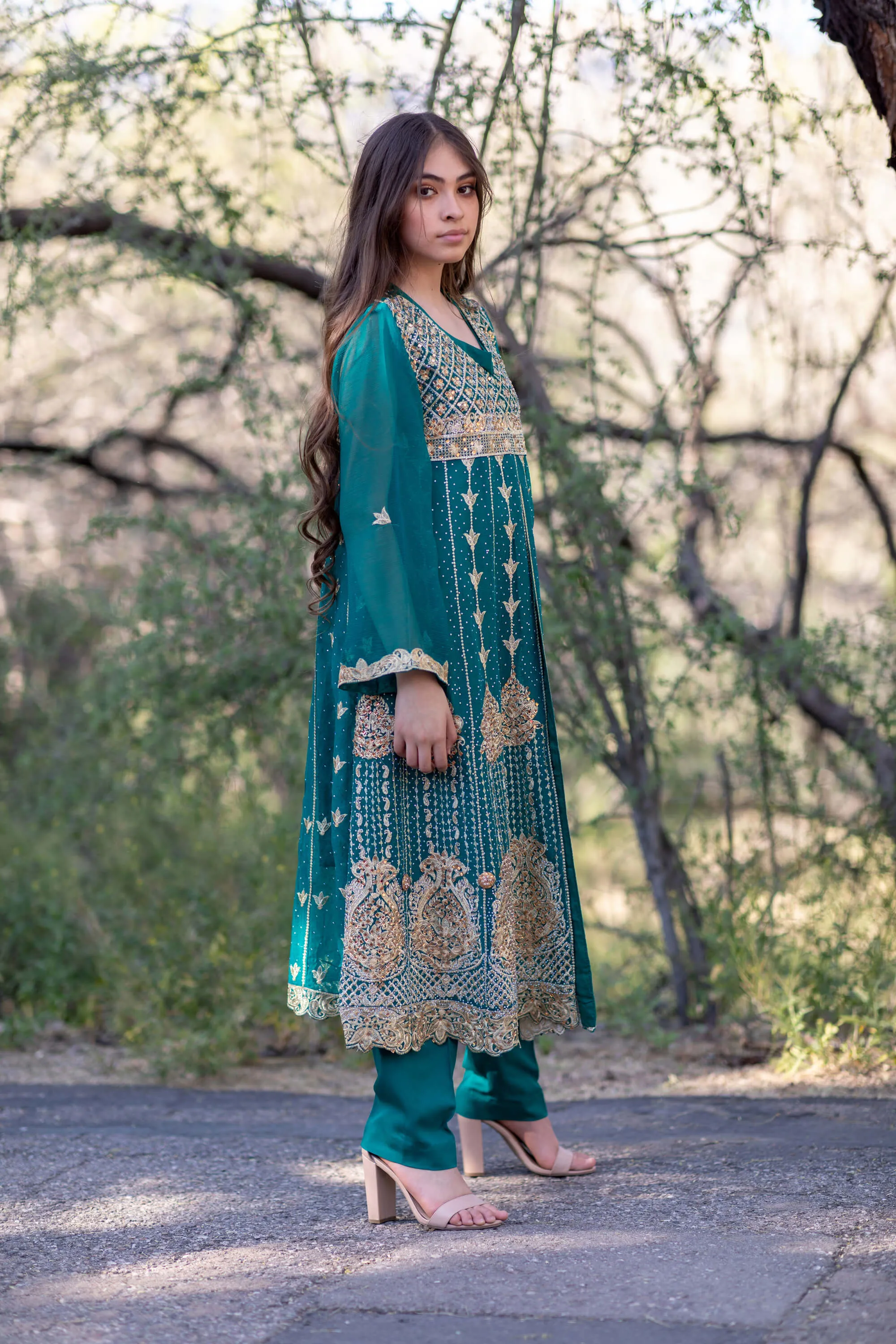 Emerald Green Beaded Embroidery Anarkali Chiffon Gown