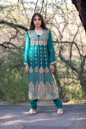 Emerald Green Beaded Embroidery Anarkali Chiffon Gown