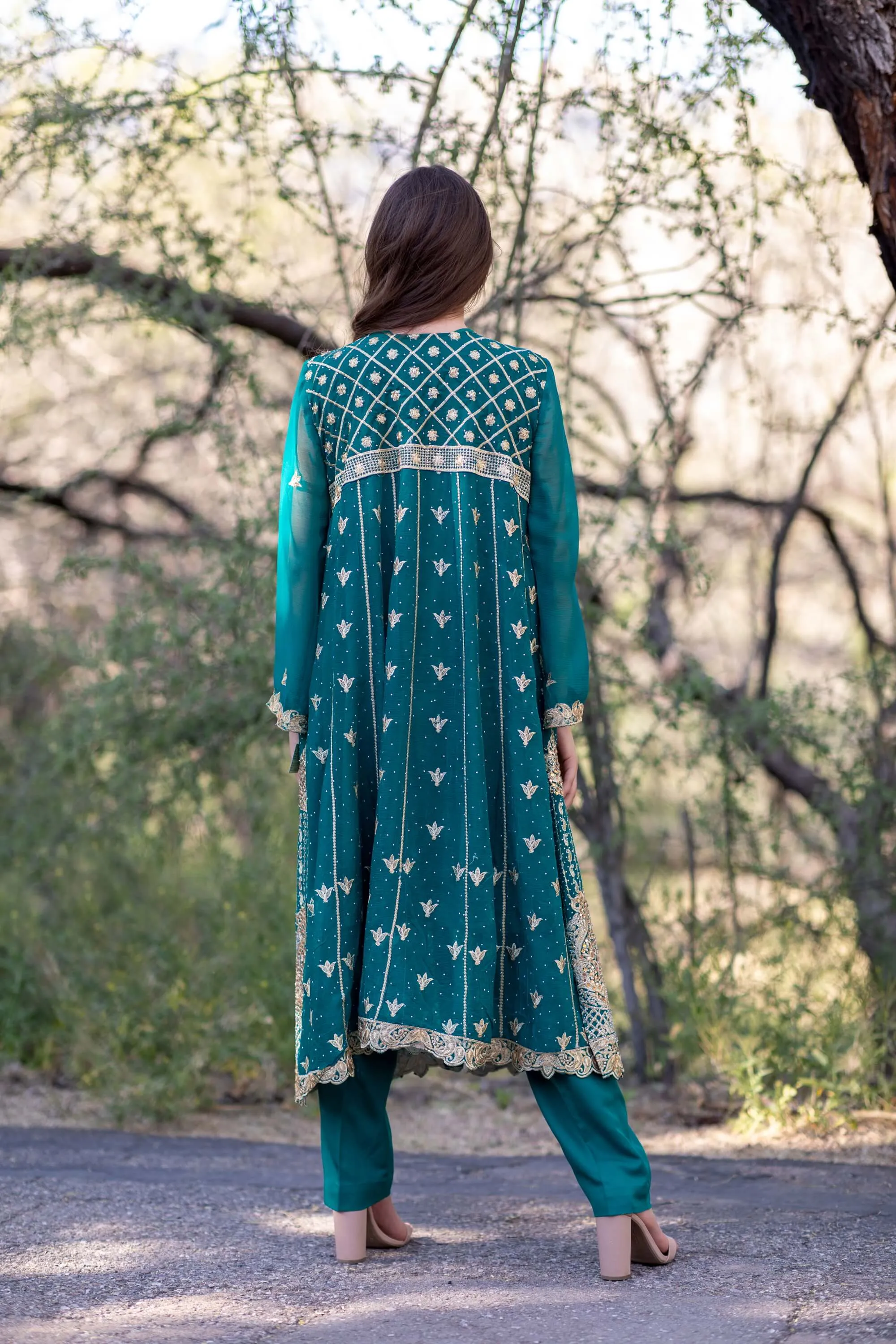 Emerald Green Beaded Embroidery Anarkali Chiffon Gown