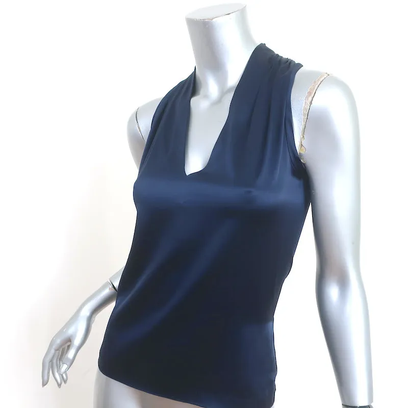Etro Tank Top Navy Stretch Silk Satin Size 40 Sleeveless Blouse