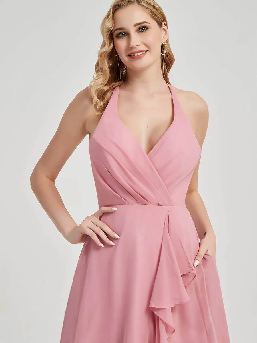 Eucalyptus Halter V-Neck Backless High Low Chiffon Bridesmaid Dress
