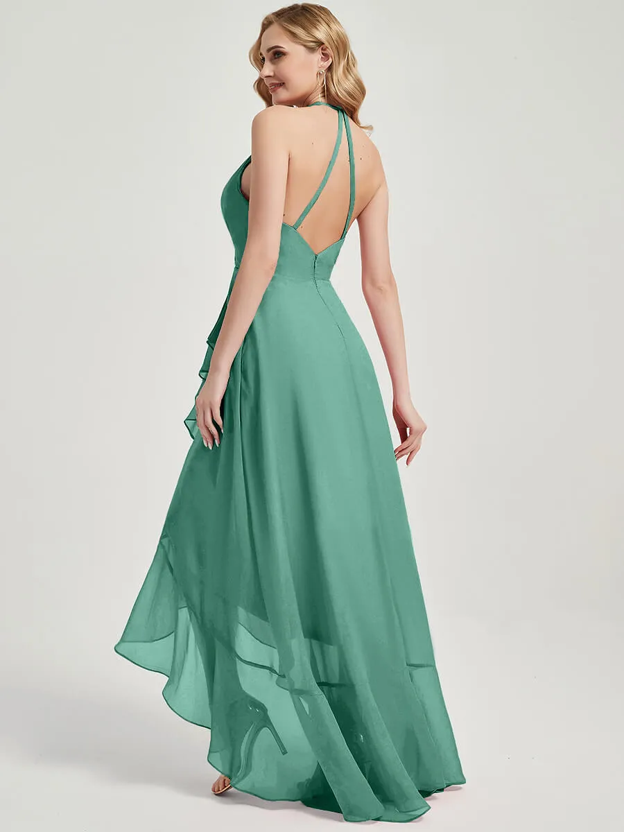 Eucalyptus Halter V-Neck Backless High Low Chiffon Bridesmaid Dress