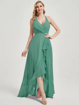 Eucalyptus Halter V-Neck Backless High Low Chiffon Bridesmaid Dress