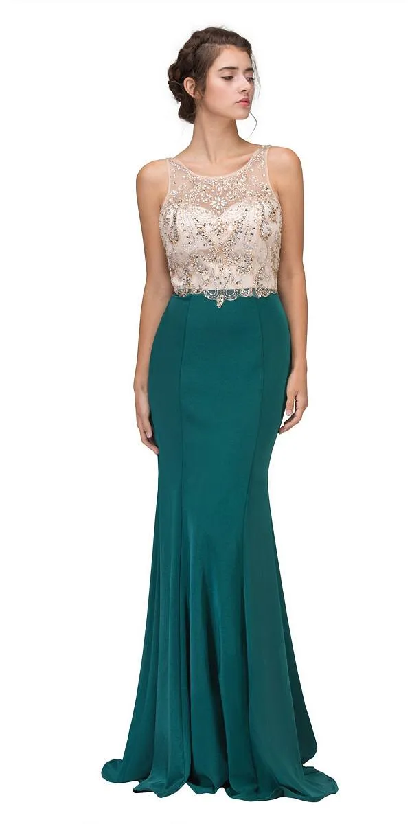 Eureka 7022 Mermaid Dress Illusion Beaded Illusion Top Stretch Satin