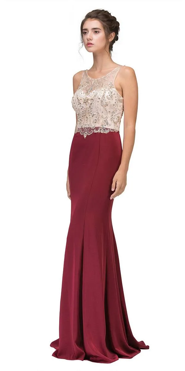 Eureka 7022 Mermaid Dress Illusion Beaded Illusion Top Stretch Satin