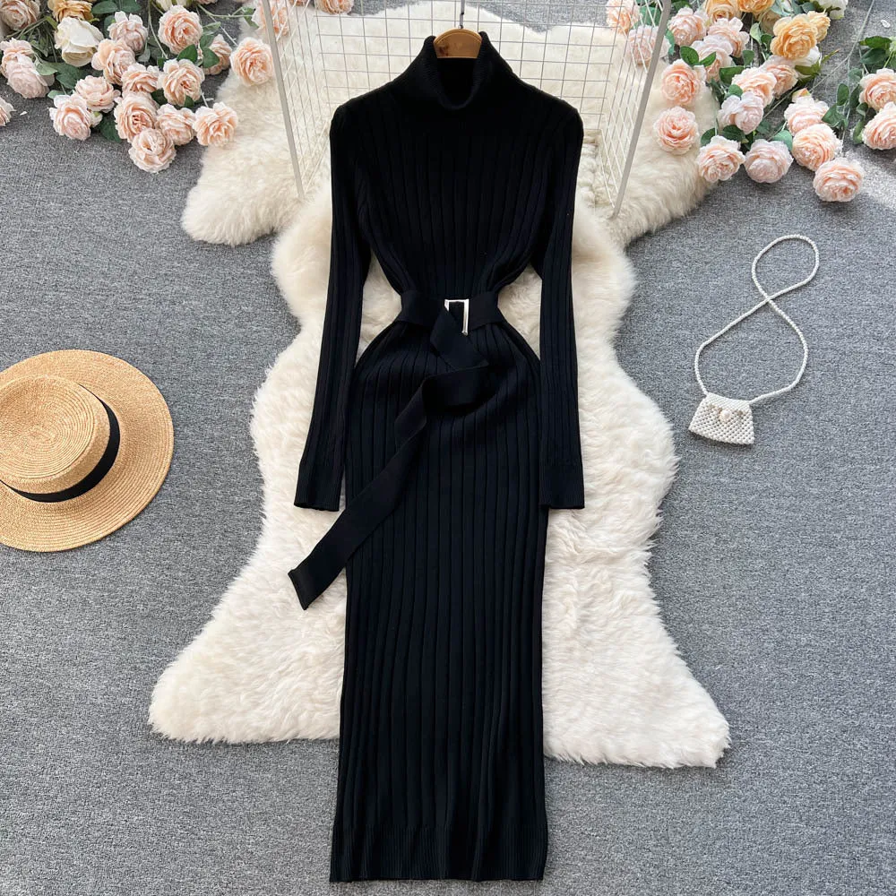 European and American Style Half Turtleneck Knitted Dress Fall Women's Clothing French Retro Waist-Controlled Slim Fit Sheath Dress