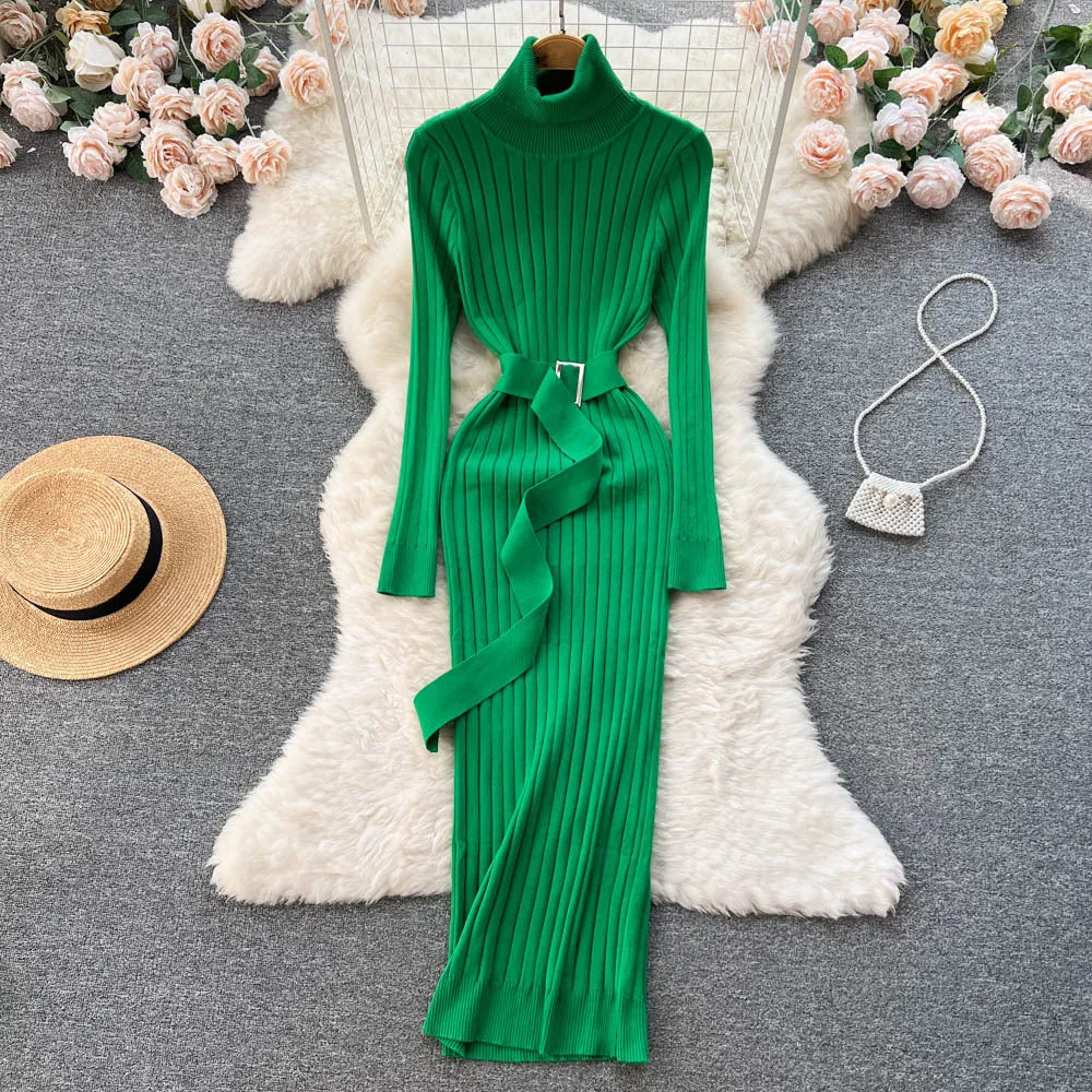 European and American Style Half Turtleneck Knitted Dress Fall Women's Clothing French Retro Waist-Controlled Slim Fit Sheath Dress