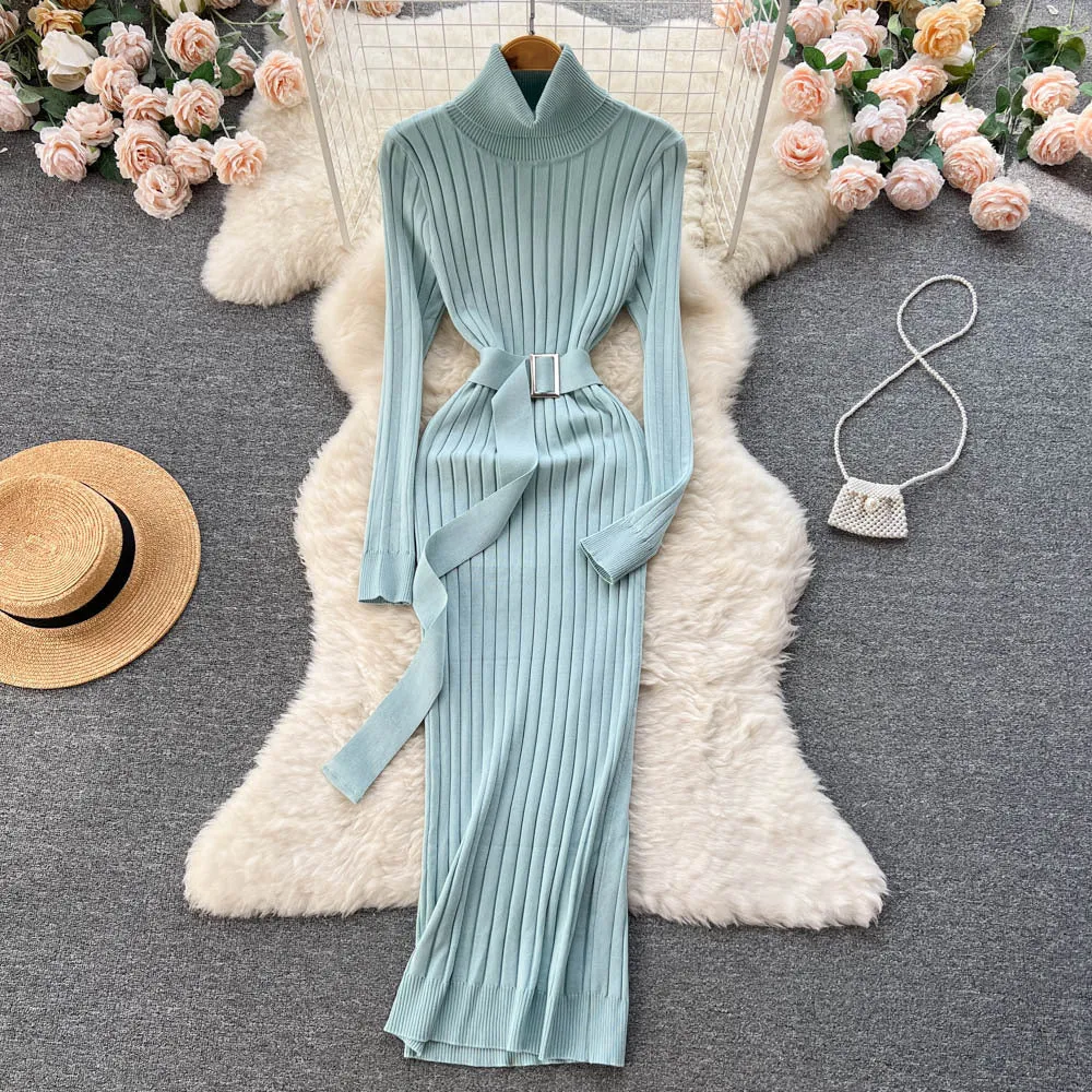 European and American Style Half Turtleneck Knitted Dress Fall Women's Clothing French Retro Waist-Controlled Slim Fit Sheath Dress