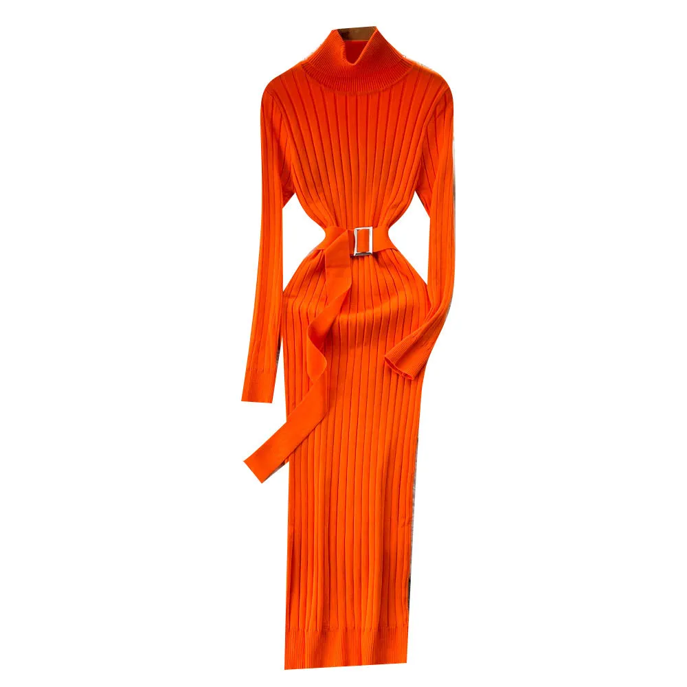 European and American Style Half Turtleneck Knitted Dress Fall Women's Clothing French Retro Waist-Controlled Slim Fit Sheath Dress