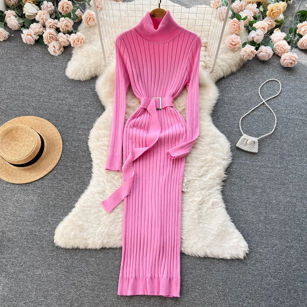 European and American Style Half Turtleneck Knitted Dress Fall Women's Clothing French Retro Waist-Controlled Slim Fit Sheath Dress