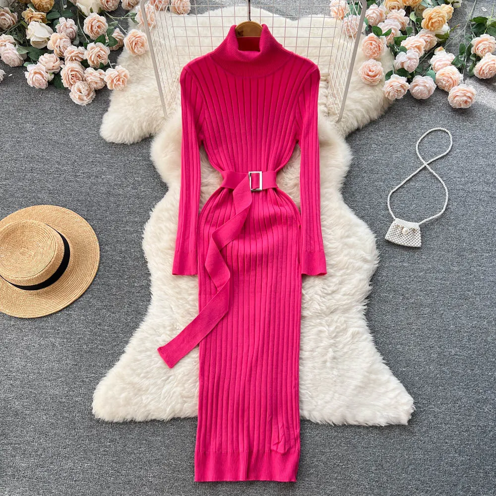 European and American Style Half Turtleneck Knitted Dress Fall Women's Clothing French Retro Waist-Controlled Slim Fit Sheath Dress
