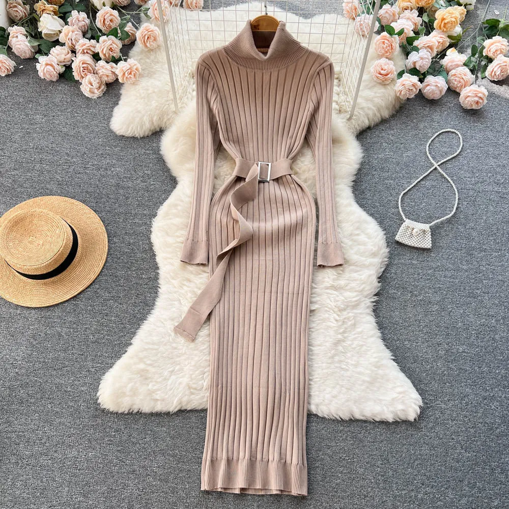 European and American Style Half Turtleneck Knitted Dress Fall Women's Clothing French Retro Waist-Controlled Slim Fit Sheath Dress