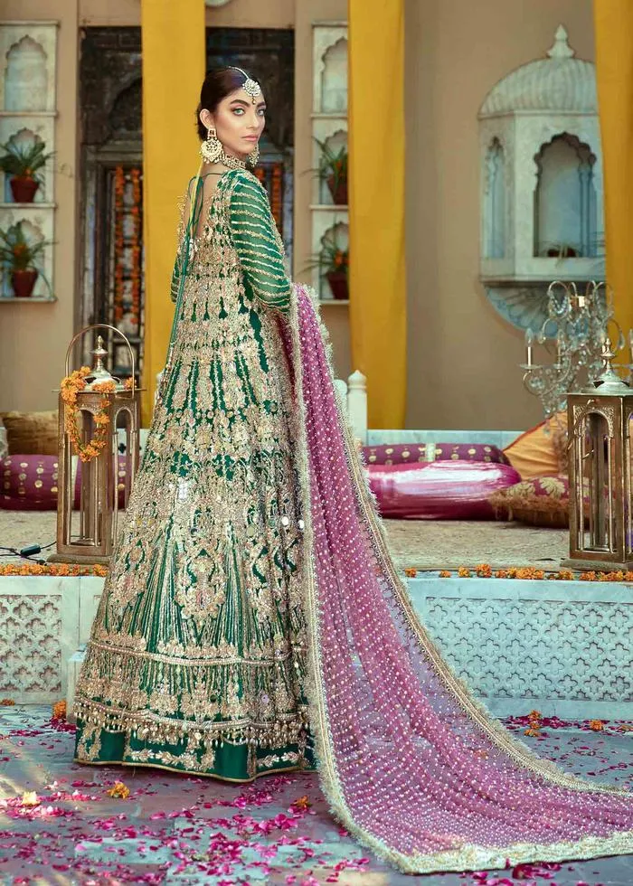 Exaggerated Designer Pakistani Bridal Lehenga Dress in Embellished Green and Gold Lehenga Gown with Heavy Zardozi Work on Net Chiffon #BN922