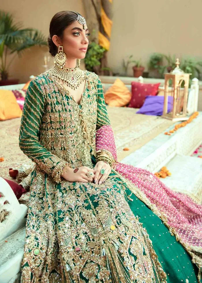 Exaggerated Designer Pakistani Bridal Lehenga Dress in Embellished Green and Gold Lehenga Gown with Heavy Zardozi Work on Net Chiffon #BN922