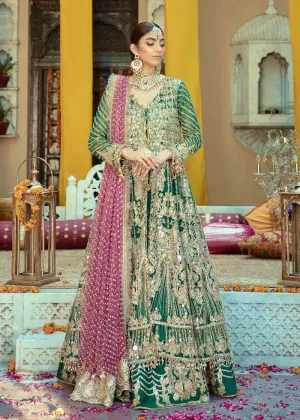 Exaggerated Designer Pakistani Bridal Lehenga Dress in Embellished Green and Gold Lehenga Gown with Heavy Zardozi Work on Net Chiffon #BN922
