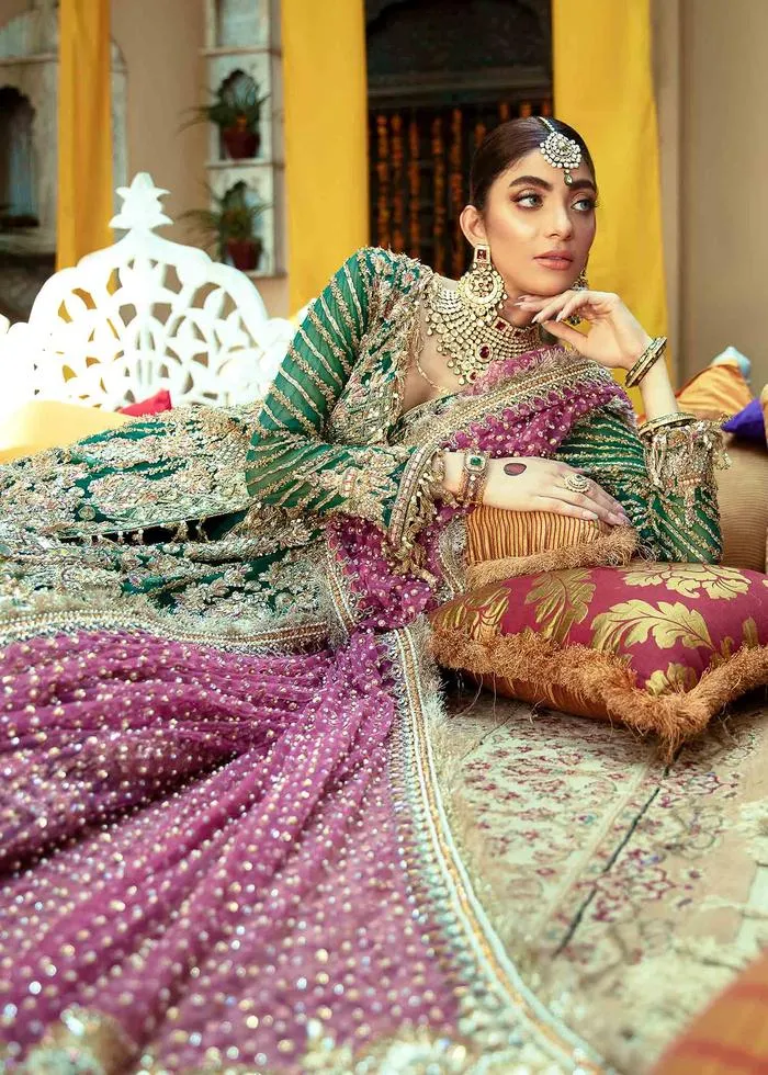 Exaggerated Designer Pakistani Bridal Lehenga Dress in Embellished Green and Gold Lehenga Gown with Heavy Zardozi Work on Net Chiffon #BN922
