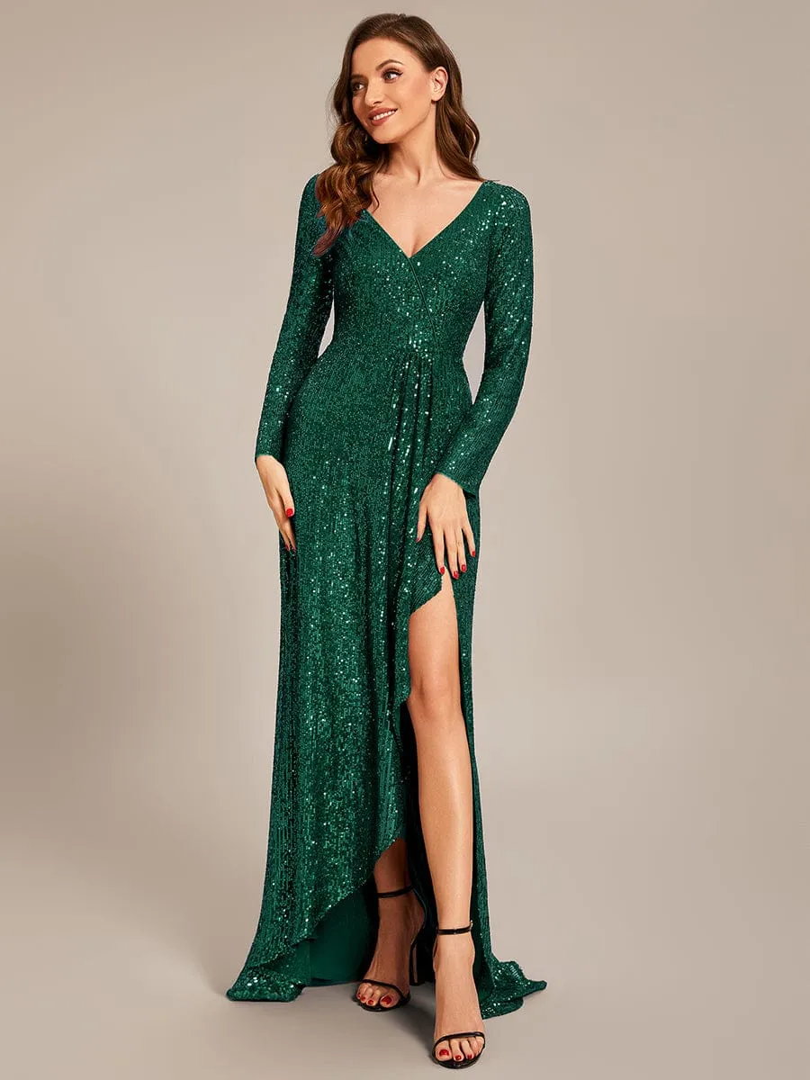 Felicity sequin full sleeve ball dress with split in burgundy