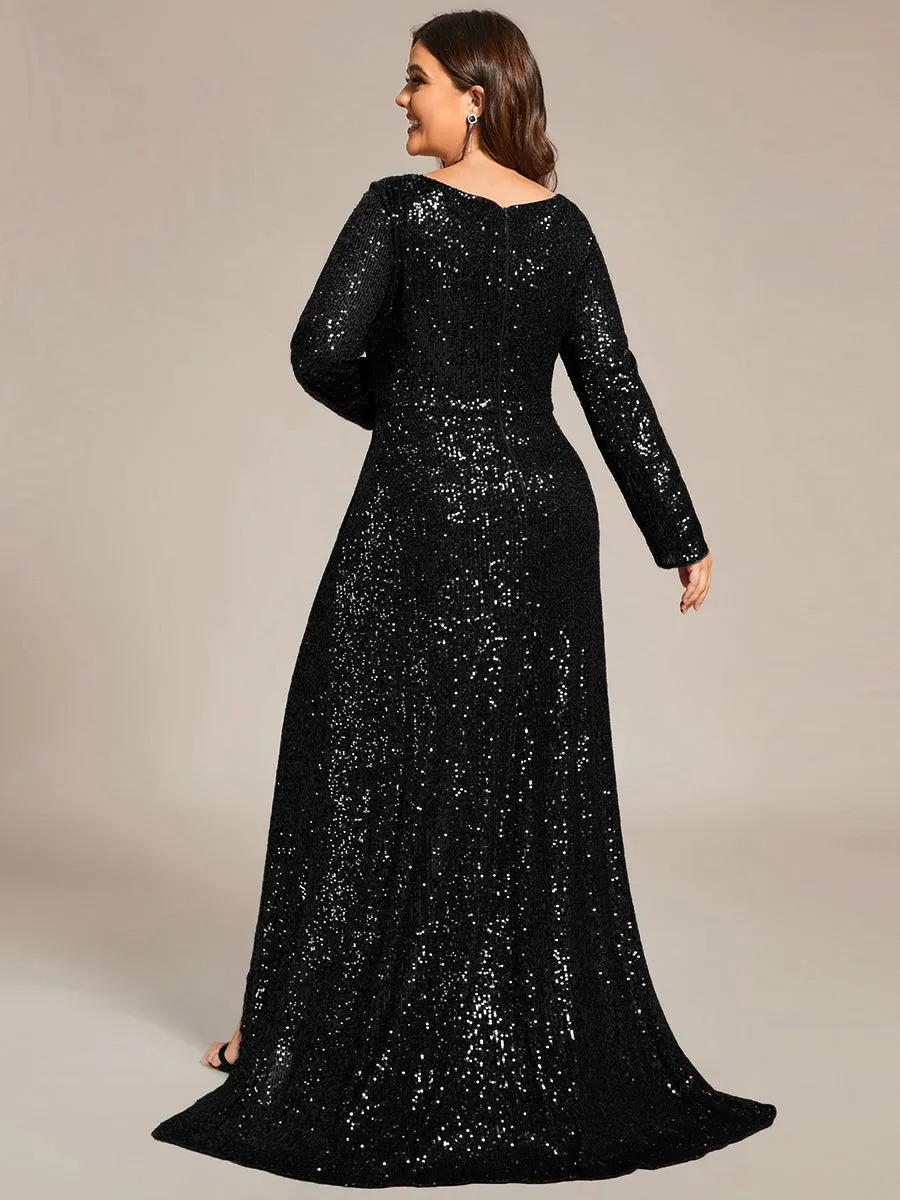 Felicity sequin full sleeve ball dress with split in burgundy