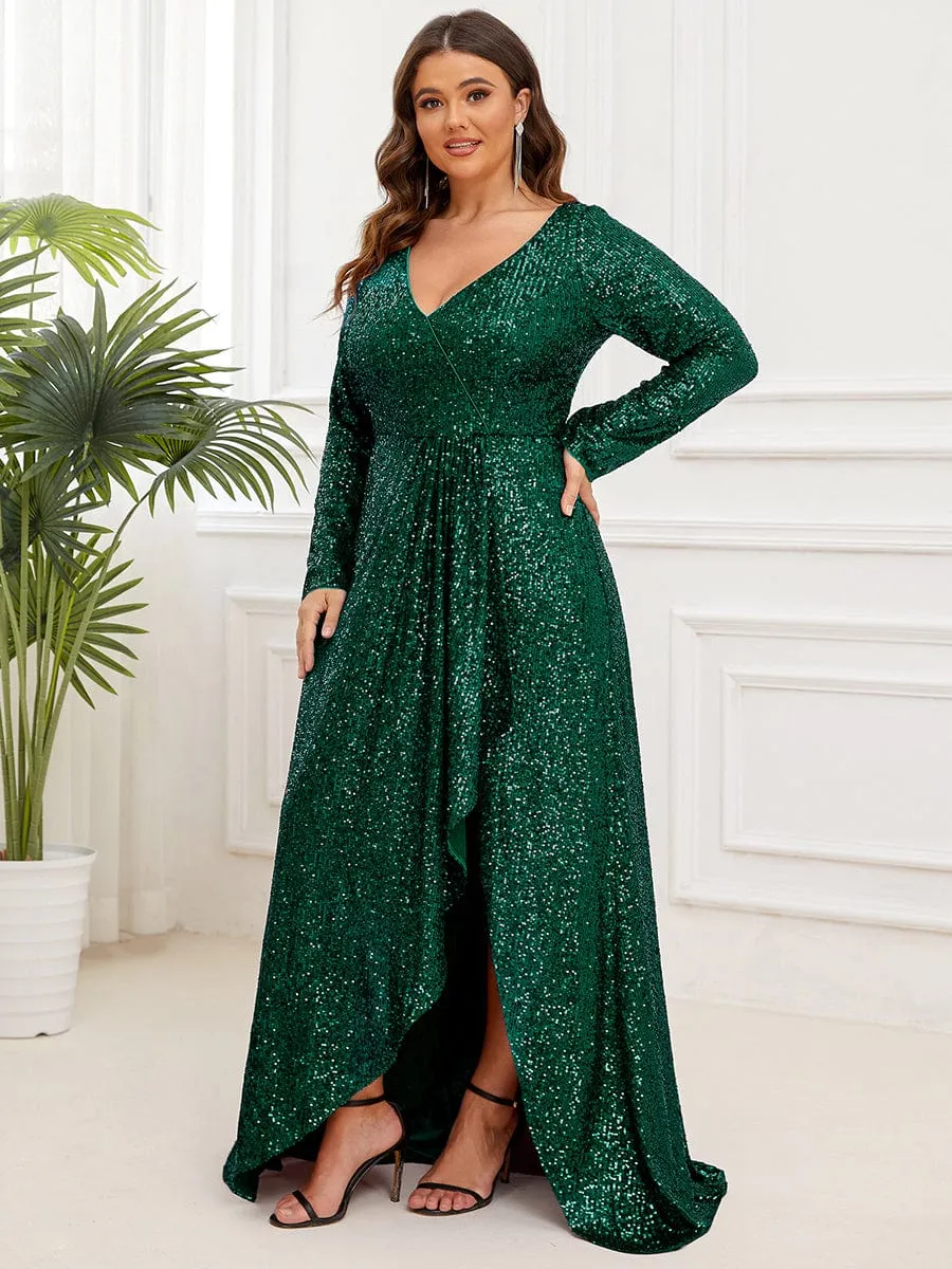Felicity sequin full sleeve ball dress with split in burgundy