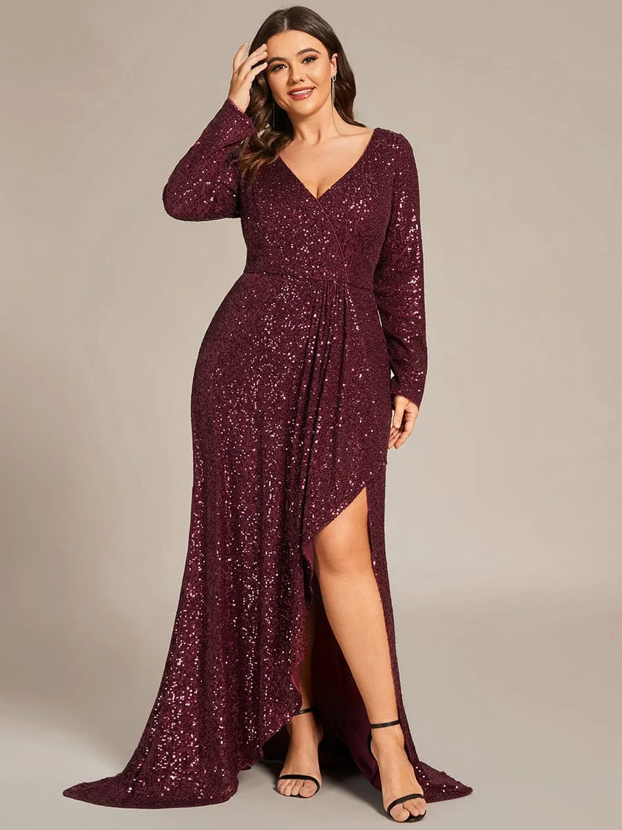 Felicity sequin full sleeve ball dress with split in burgundy