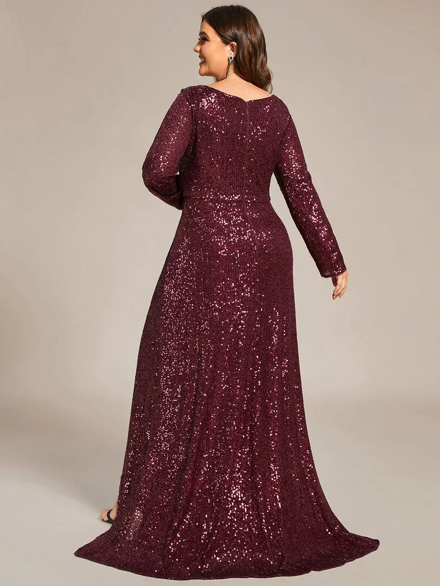 Felicity sequin full sleeve ball dress with split in burgundy