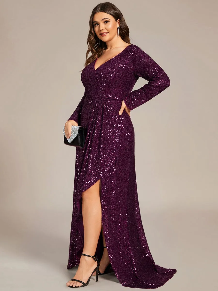 Felicity sequin full sleeve ball dress with split in burgundy