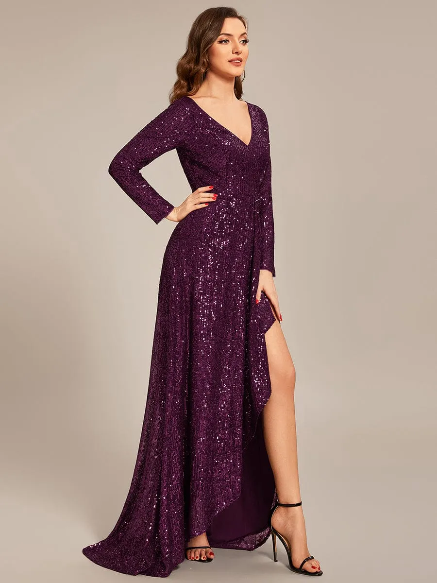 Felicity sequin full sleeve ball dress with split in burgundy