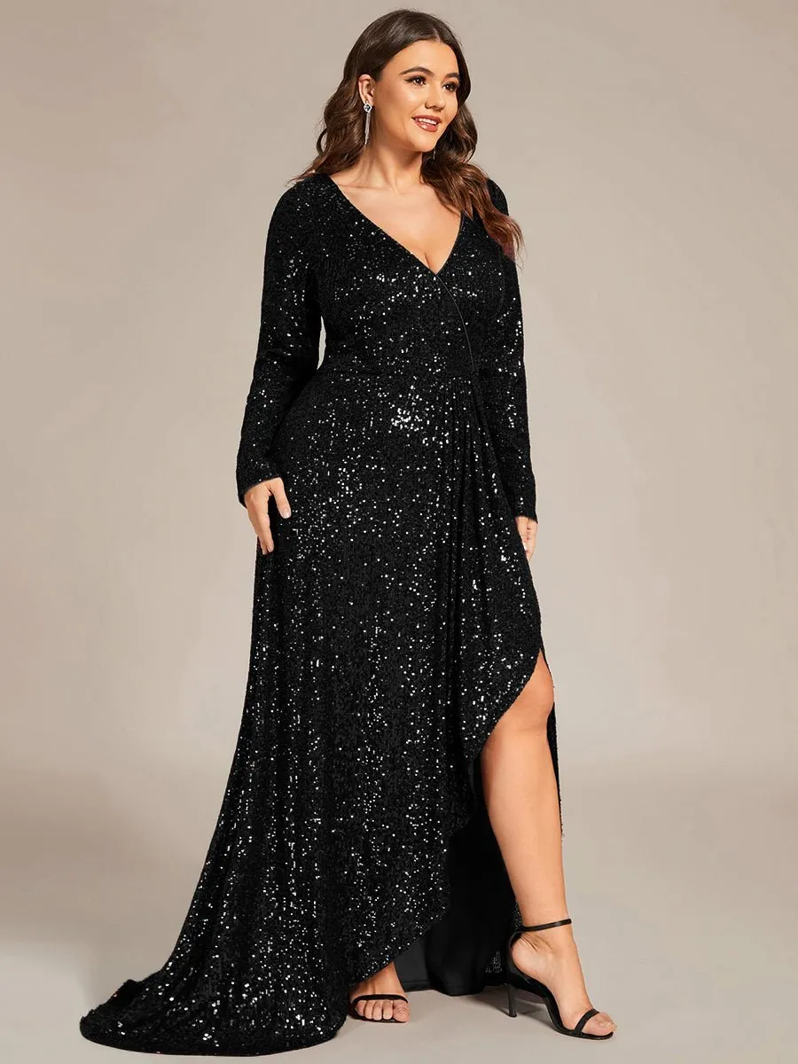 Felicity sequin full sleeve ball dress with split in burgundy