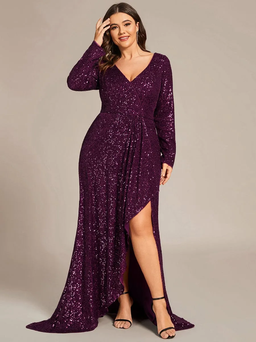 Felicity sequin full sleeve ball dress with split in burgundy