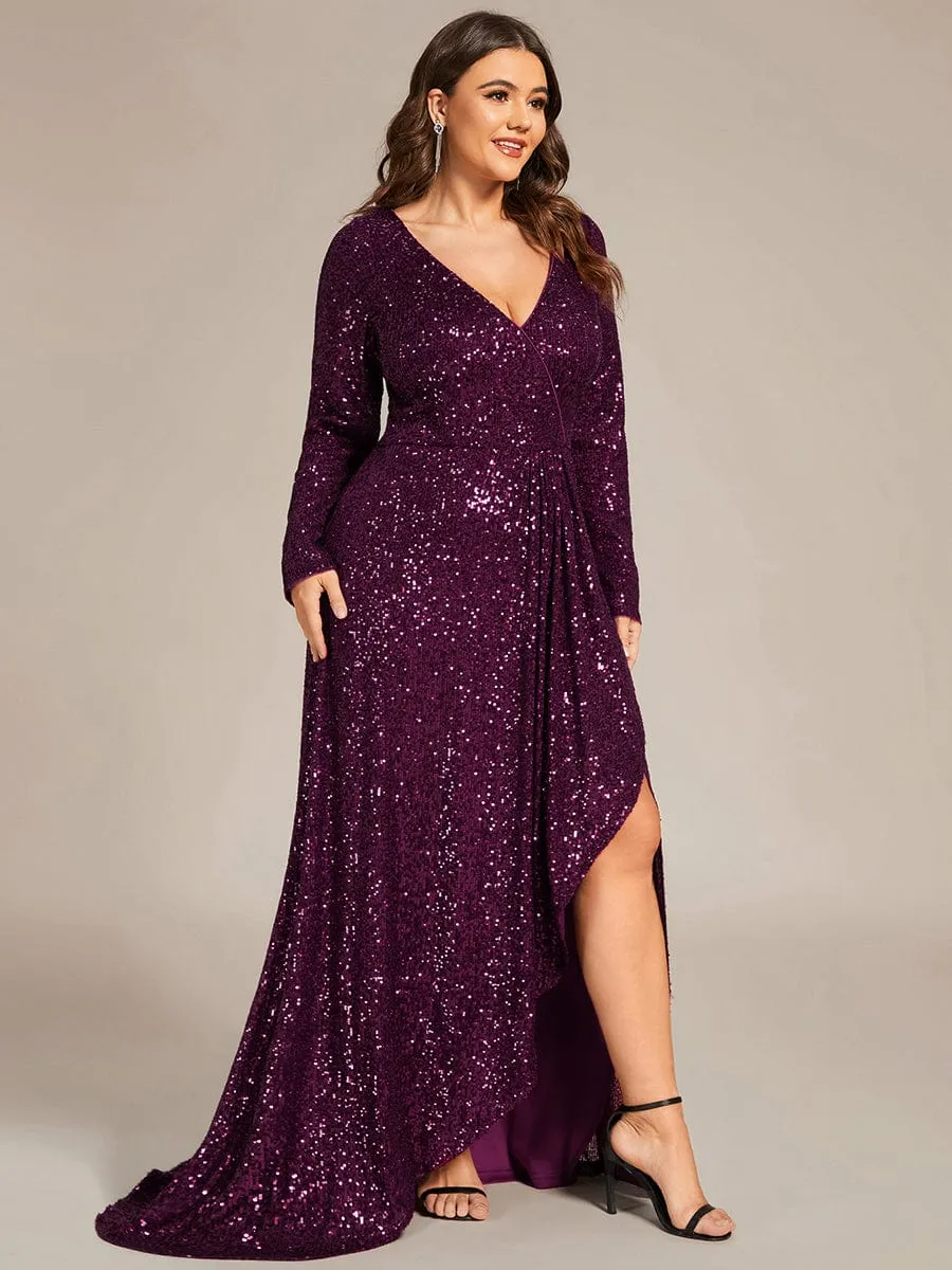 Felicity sequin full sleeve ball dress with split in burgundy