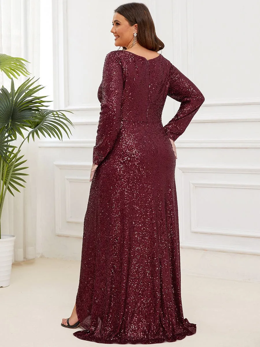Felicity sequin full sleeve ball dress with split in burgundy