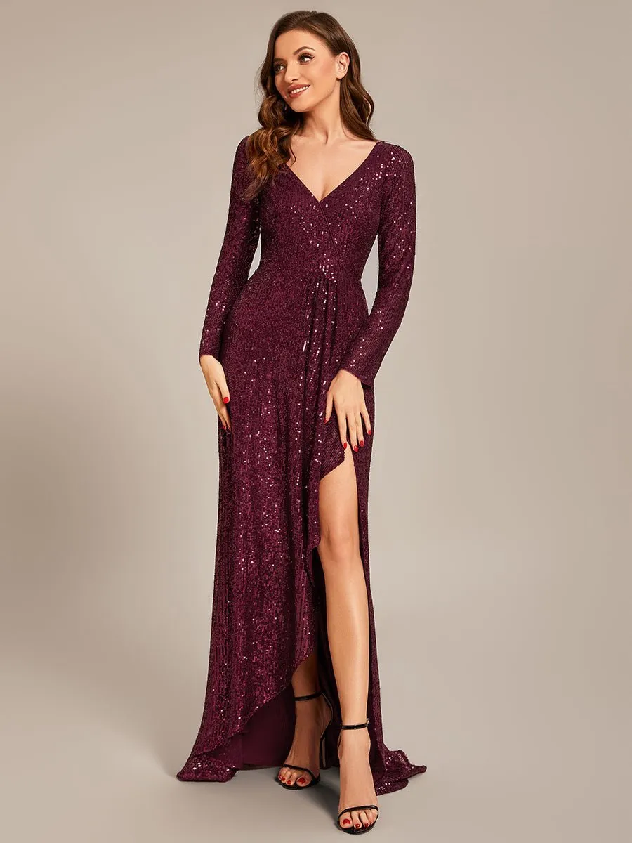 Felicity sequin full sleeve ball dress with split in burgundy
