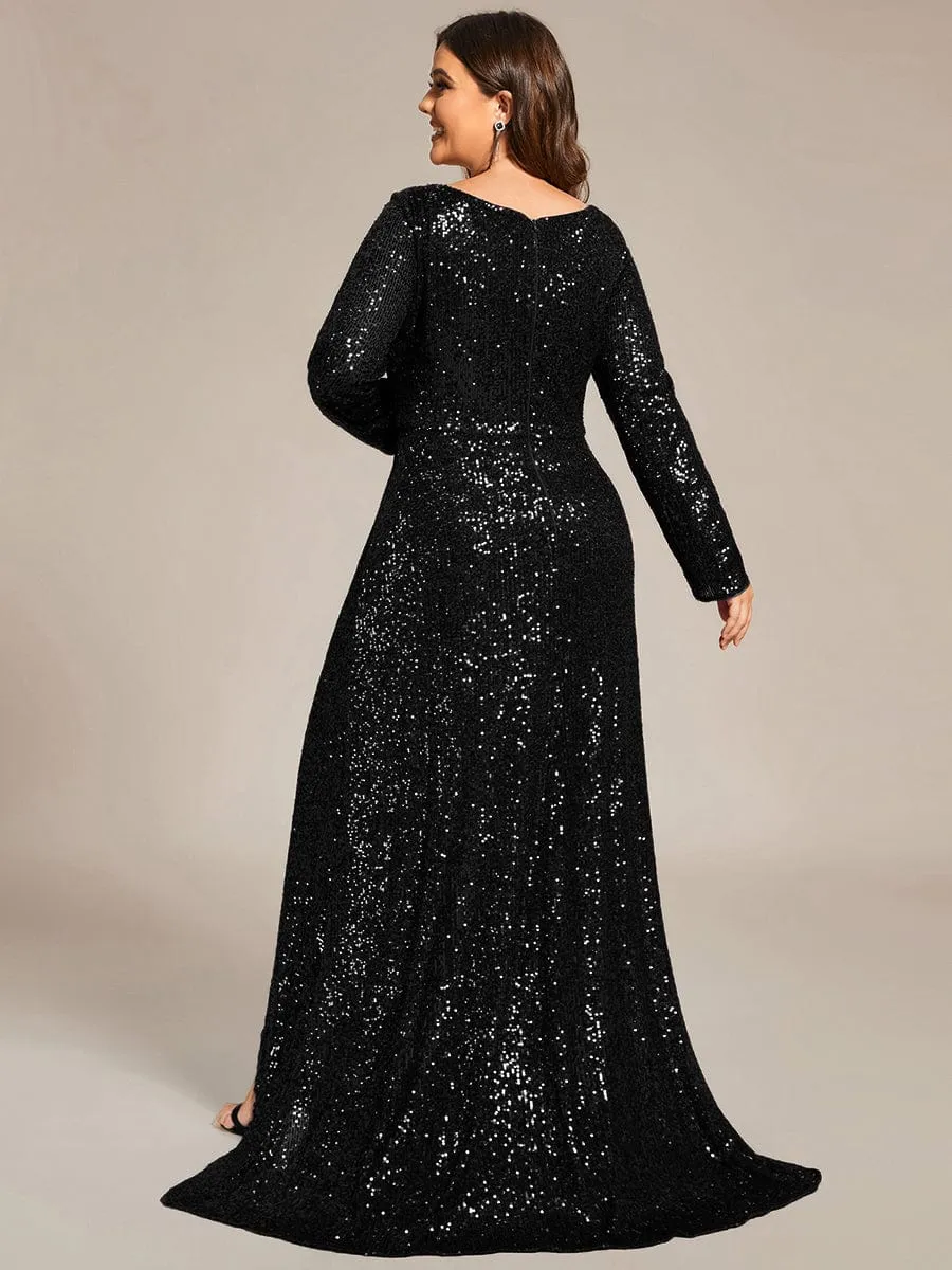 Felicity sequin full sleeve ball dress with split in burgundy