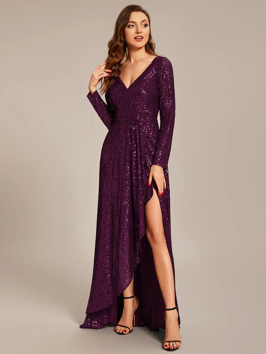 Felicity sequin full sleeve ball dress with split in burgundy