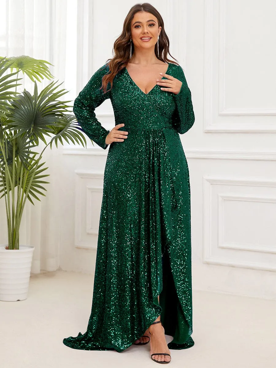 Felicity sequin full sleeve ball dress with split in burgundy