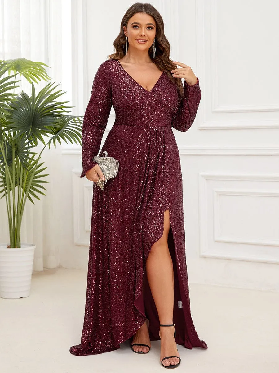 Felicity sequin full sleeve ball dress with split in burgundy