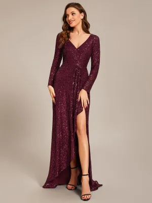 Felicity sequin full sleeve ball dress with split in burgundy