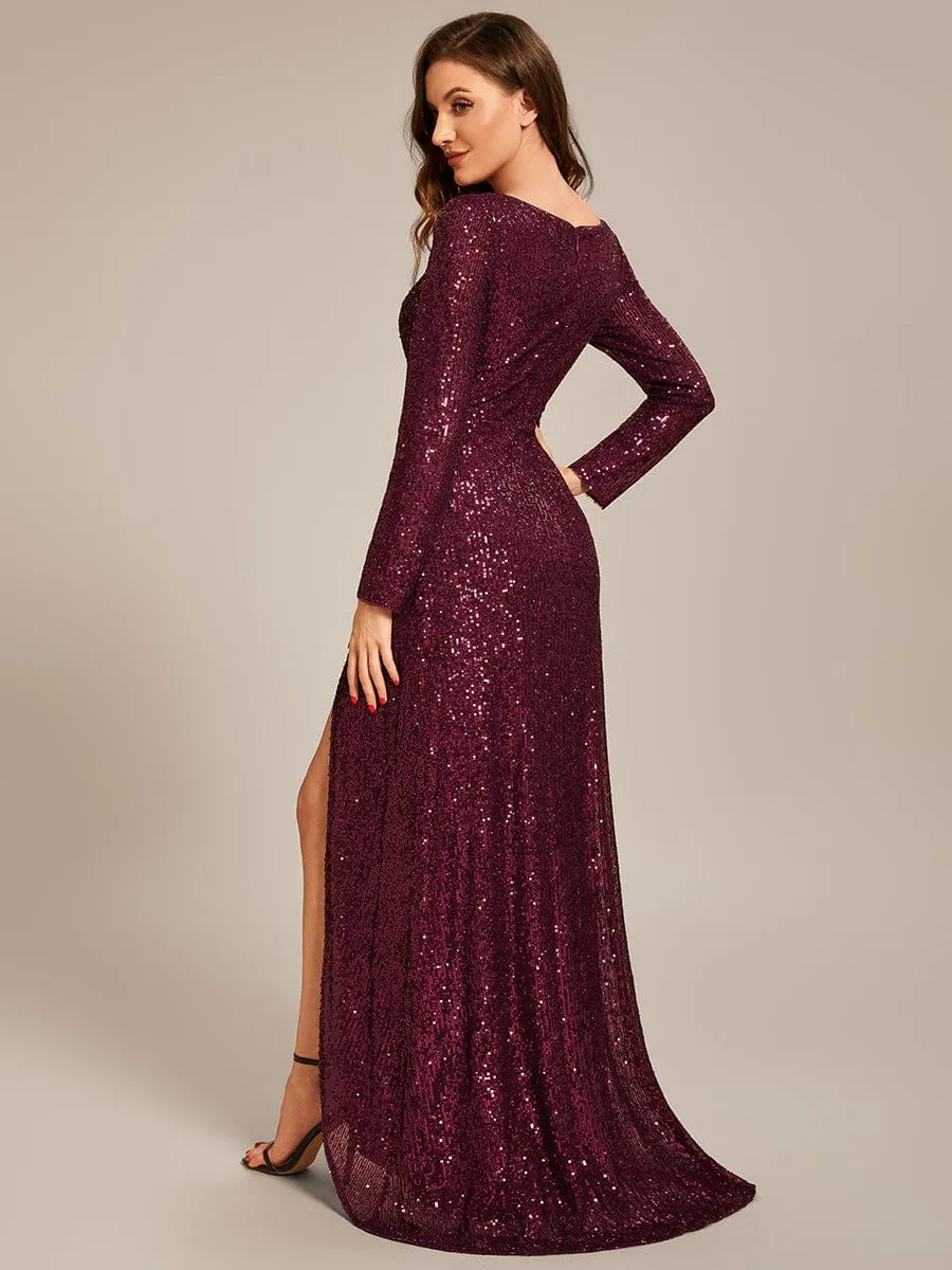 Felicity sequin full sleeve ball dress with split in burgundy
