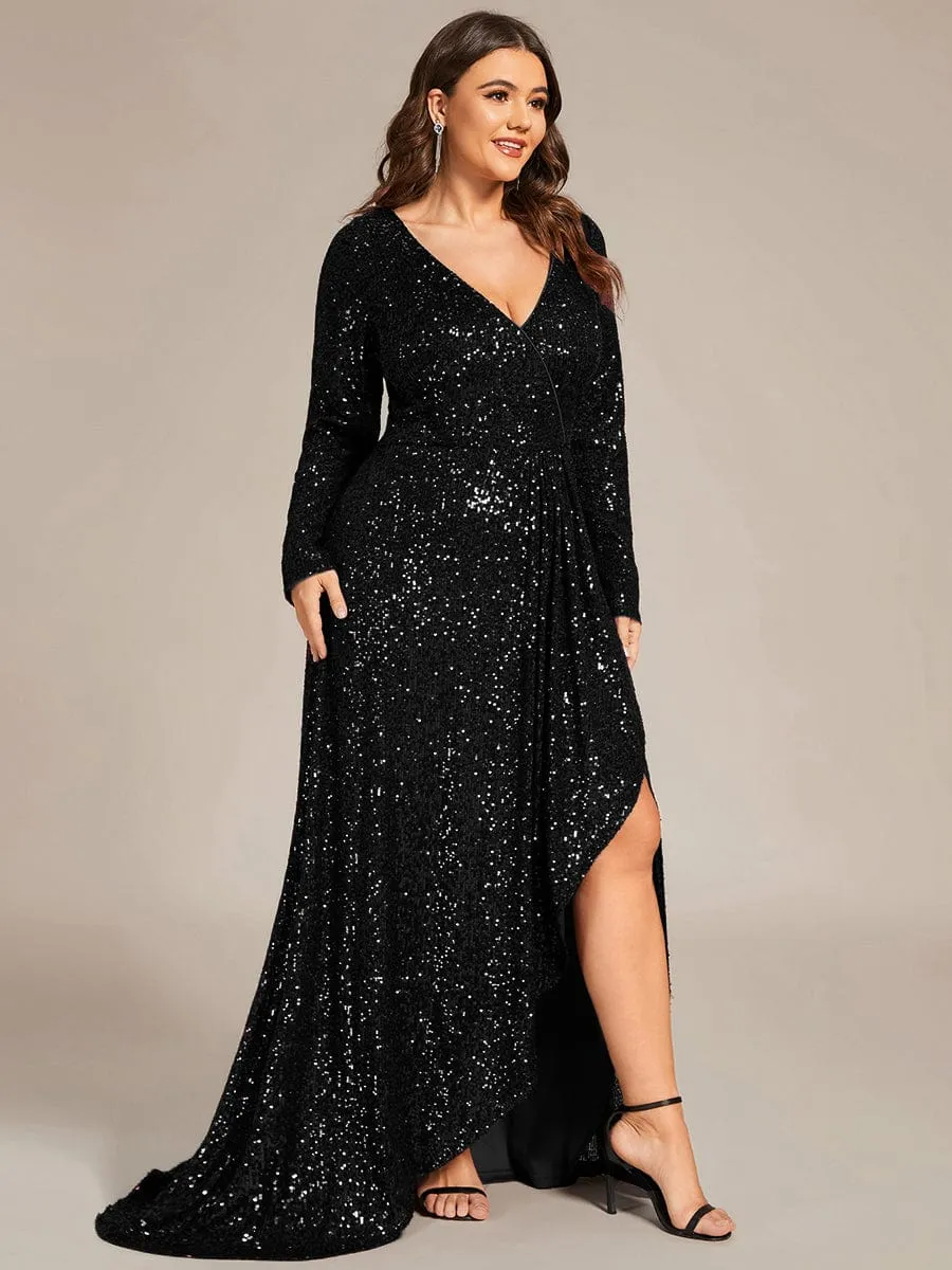 Felicity sequin full sleeve ball dress with split in burgundy