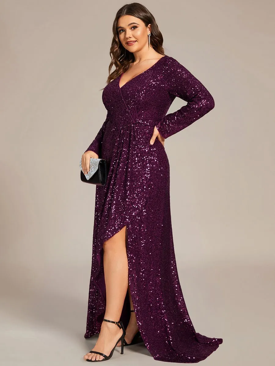Felicity sequin full sleeve ball dress with split in burgundy
