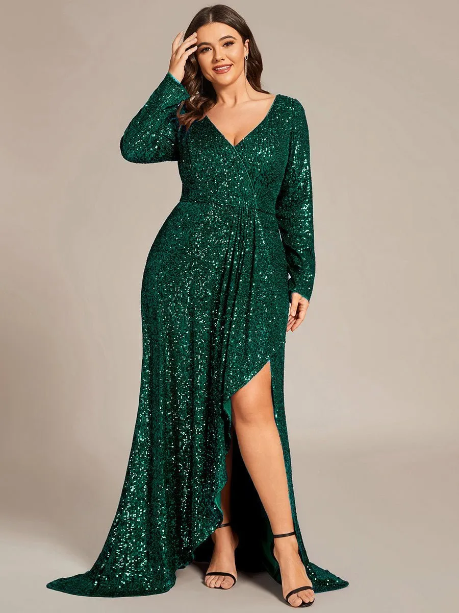 Felicity sequin full sleeve ball dress with split in burgundy