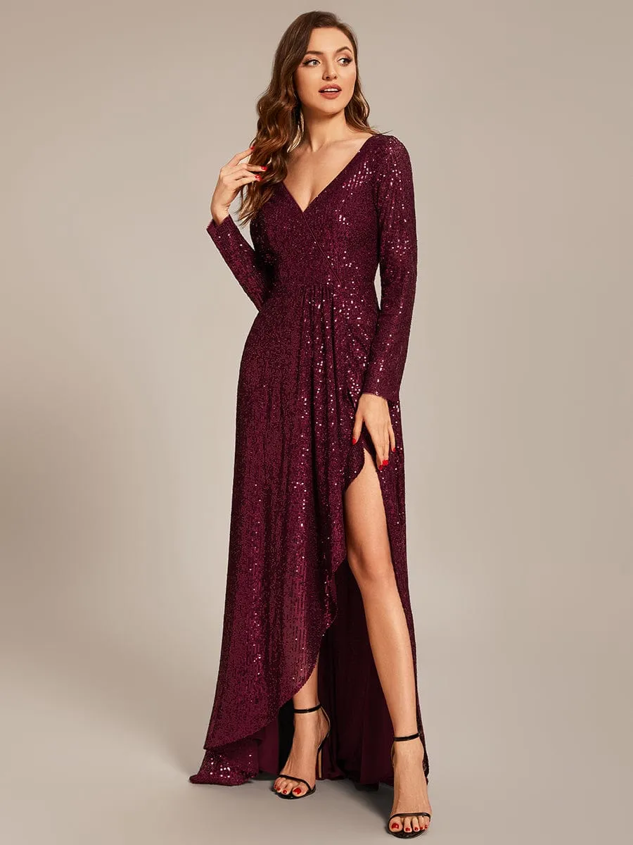 Felicity sequin full sleeve ball dress with split in burgundy