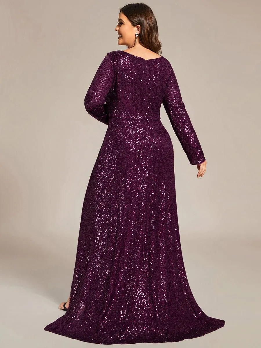 Felicity sequin full sleeve ball dress with split in burgundy