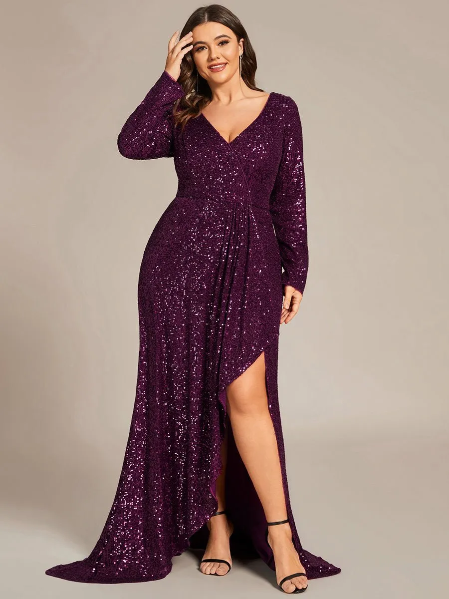 Felicity sequin full sleeve ball dress with split in burgundy