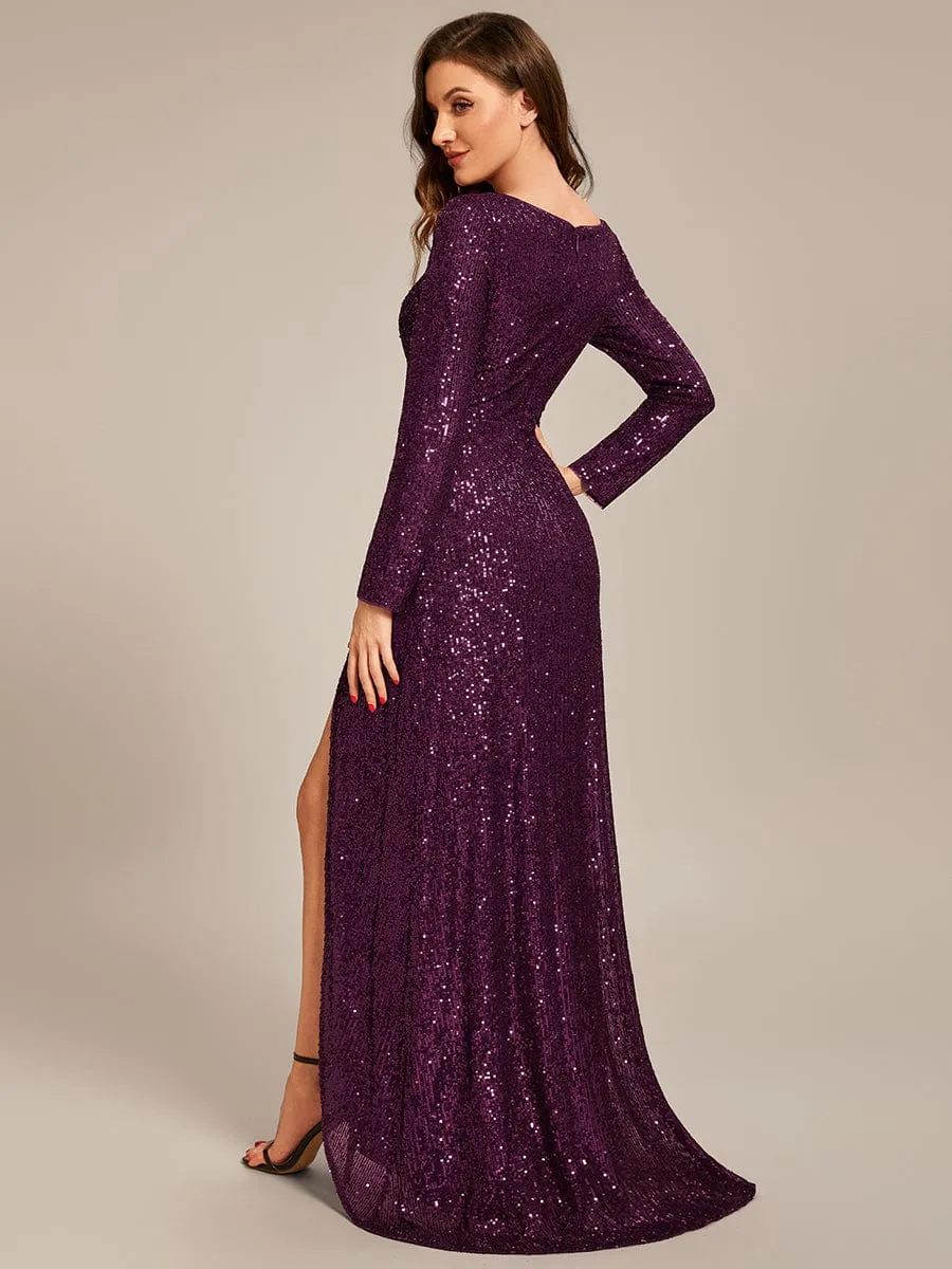 Felicity sequin full sleeve ball dress with split in burgundy