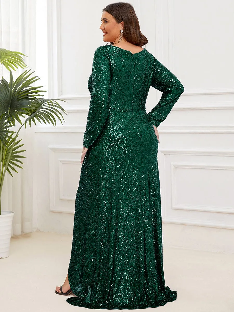 Felicity sequin full sleeve ball dress with split in burgundy
