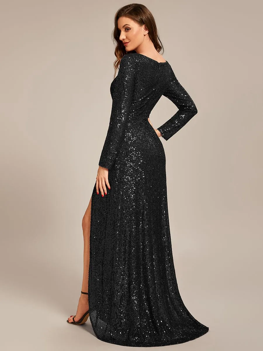Felicity sequin full sleeve ball dress with split in burgundy