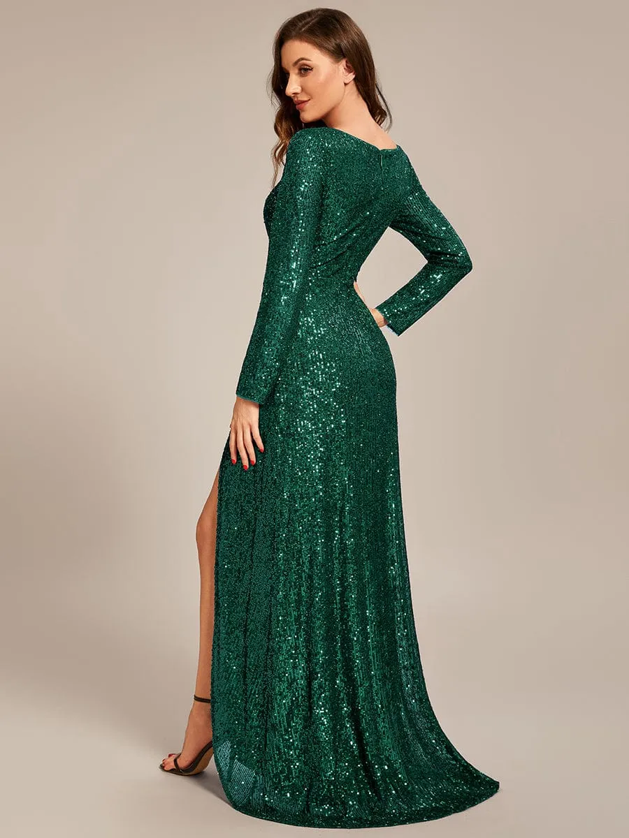Felicity sequin full sleeve ball dress with split in burgundy