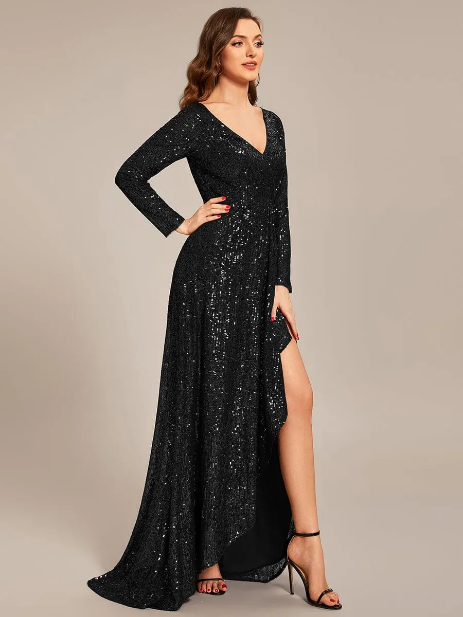 Felicity sequin full sleeve ball dress with split in burgundy