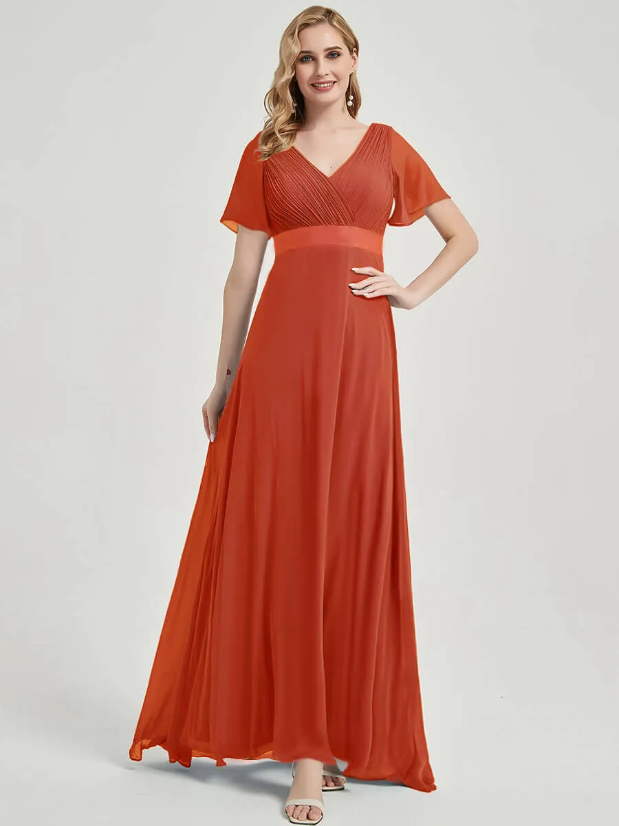 [Final Sale] Terracotta Floor-Length Ruffle Sleeve Chiffon  Bridesmaid Dresses